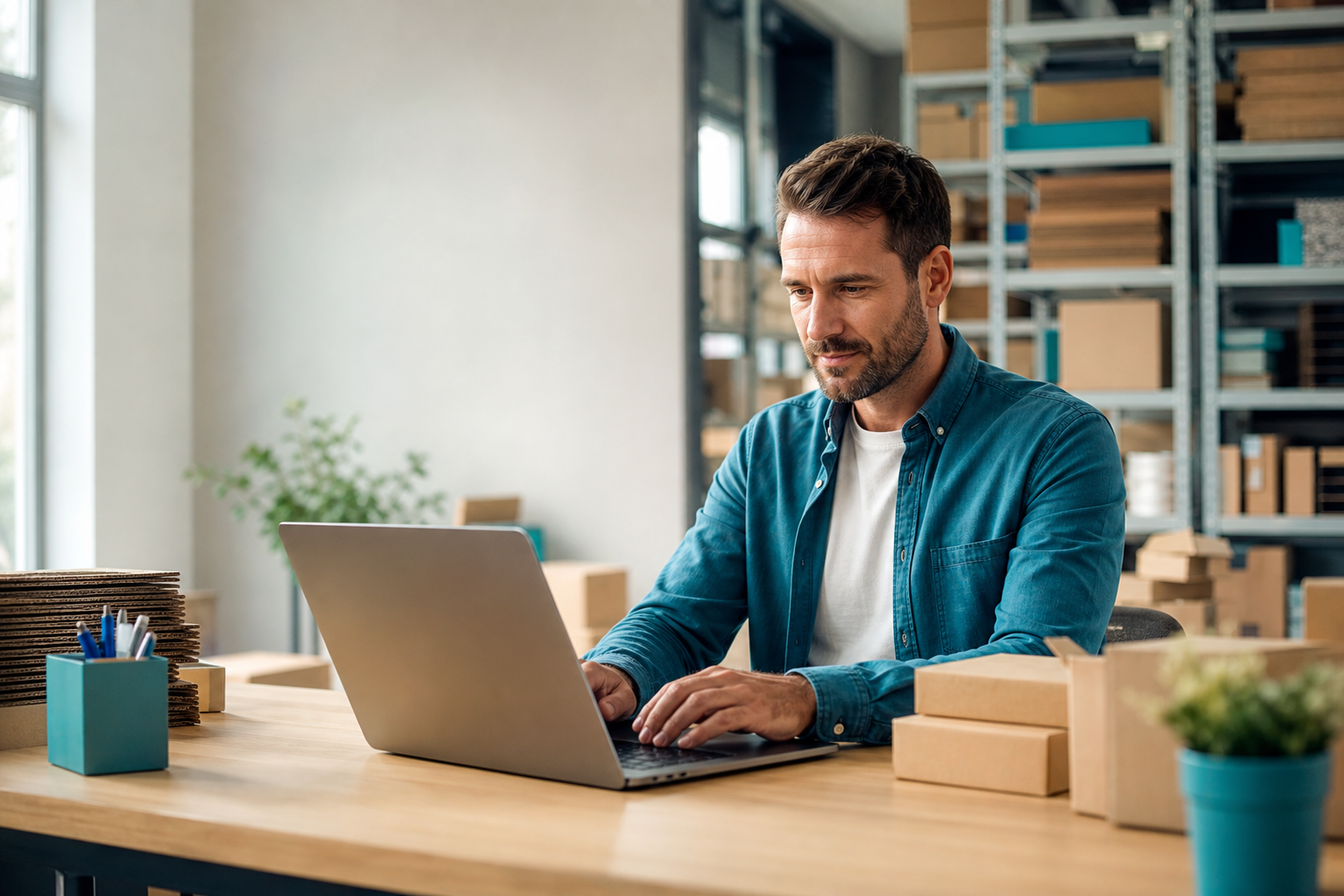 Illustrative Szene: Ein Mann arbeitet am Laptop zwischen Versandpaketen – kein Kundennachweis.
