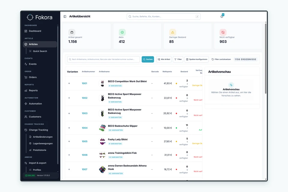 Fokora article overview with search, product images, prices and stock indicators.