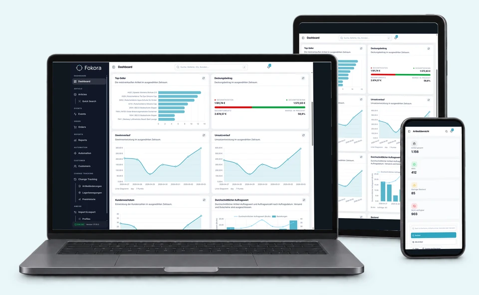 Fokora dashboard on a laptop and tablet, with the article overview on a smartphone.